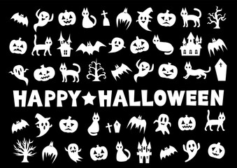 ハロウィンのアイコン模様イラスト（黒背景）