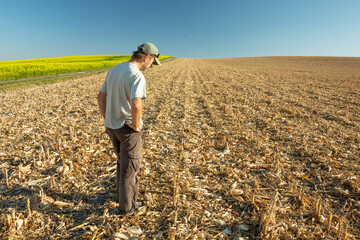 Man a farmer looking at a rural field