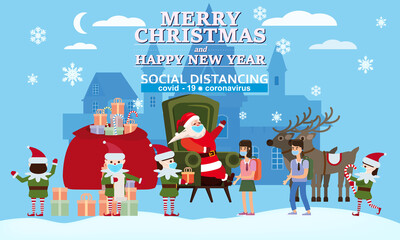Merry Christmas and Happy New Year Santa Claus with his elf helpers and deers gives gifts to children in his residence. In conditions of the COVID 2019 pandemic in medical masks, Social distancing
