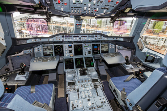 Airbus A380 cockpit. The A380 is the largest passenger airliner in the world. PARIS - JUN 18, 2015.
