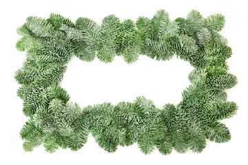Snow covered spruce pine fir background border on white. Decorative element for winter, Christmas & New Year season. Flat lay, top view, copy space.