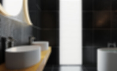 black tiled bathroom. large window with shutters. 3D rendering.. Abstract blur phototography