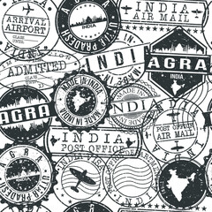 Agra India Stamps Background. City Stamp Vector Art. Postal Passport Travel. Design Set Pattern.
