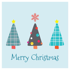 Cute Merry Christmas greeting card with lettering and fun black and blue colorful plaid trees illustration. Vector design elements. Great for stickers, labels, tags, and icons.