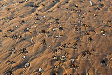 Pebbles and stones on a sandy beach casting shadows as the sun sets 