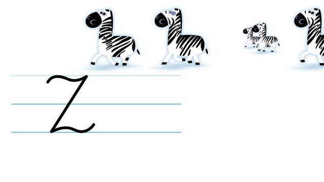 Z letter writing like zebra cartoon animation. A compatibile part of the alphabet serie. Handwriting educational style for children. Good for education movies, presentation, learning alphabet, etc...
