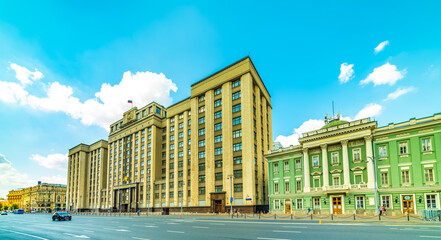 Fototapeta na wymiar Okhotny Ryad street-State Duma of the Federal Assembly of the Russian Federation, house of Unions, hall of columns in Moscow.