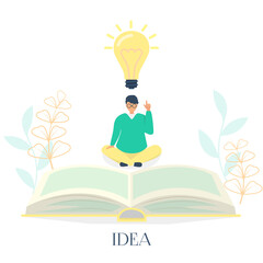 I have an idea landing page. Businessman sitting in lotus pose points to an idea symbol. Vector illustration flat design. Reading books gives new ideas. Modern young character.
