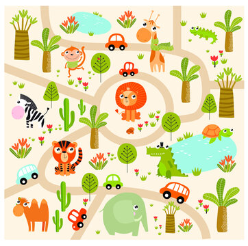 Vector tropical maze with animals in safari park. Cartoon tropical animals. African animals. Road in a safari park. Game for children. Children's play mat.
