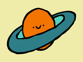 Cute cartoon planet character with face and ring. Emblem, logo, childish design. Hand-drawn doodle icon. Grunge ink colorful drawing.