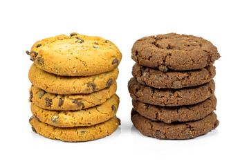 Stacks of different chocolate chips cookies