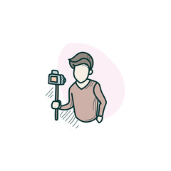 Video blog color icon. Hand drawing sketch. Man shoots himself on video camera.Blogger making vlog.Journalist. Selfie. Morning ritual. Productive morning routine concept. Isolated vector illustration 