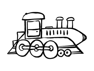Vector Hand Drawn Doodle Cute Train Steam Locomotive, Toys Kids, Cartoon Illustration. Doodle grunge drawing. Coloring for children.
