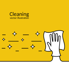 Landing page cleaning service. Black outline icon. Hand in glove with a rag. Cleanliness and shine. Hygiene and disinfection. House keeping concept. Work at home. Vector illustration flat design.