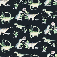 Cute cartoon baby dinosaurs seamless pattern watercolor paper, hand painted dino background texture Jurassic Park . Rex children funny art