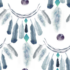 seamless pattern with blue watercolor feathers