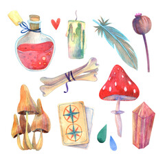  A set of elements on the theme of Halloween isolated on a white background. Drawn by hand with watercolors and colored pencils.