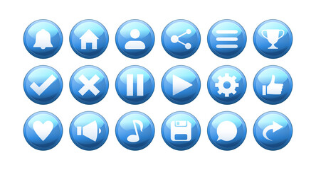 Set of cartoon shiny buttons for mobile games and apps. Blue volumetric icons for app interface.