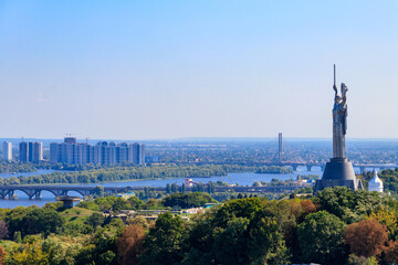 View of Motherland Monument and the Dnieper river in Kiev, Ukraine. Kiev cityscape