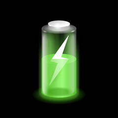 Charging battery process in glossy and shiny 3D decoration on black background