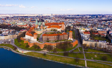 Fototapeta na wymiar Aerial view on the medieval castle Wawel. Wawel city. Poland