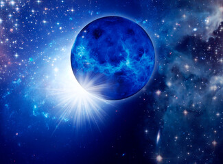 blue planet with rays of light, stars, galaxy like blue Universe space background