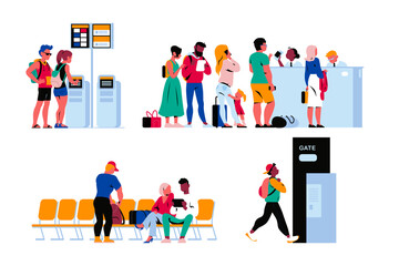 People in airport terminal waiting for the flight, going through passport control, registering online. Vector flat illustration.