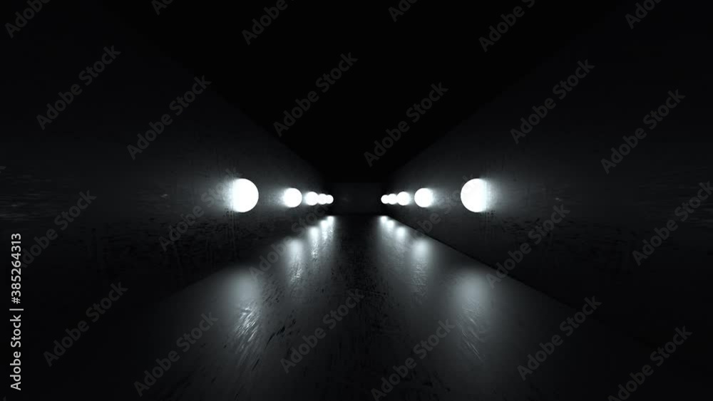 Poster black mirror space with slippery floor and a row of lights, computer generated. 3d rendering of abst