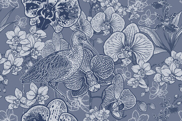 Seamless pattern with tropical flowers orchids and birds. Vector.