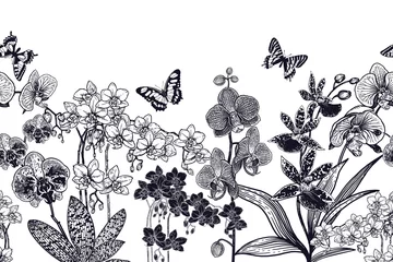 Nahtloser Hintergrund mit Orchideen und Schmetterlingen. Schwarz und weiß. Vektor. © marinavorona