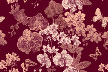 Floral seamless background with tropical flowers orchids and butterflies. Vector. © marinavorona