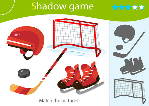 Shadow Game for kids. Match the right shadow. Color image of cartoon skates with helmet, stick and puck. Sports equipment. Hockey. Worksheet vector design for children