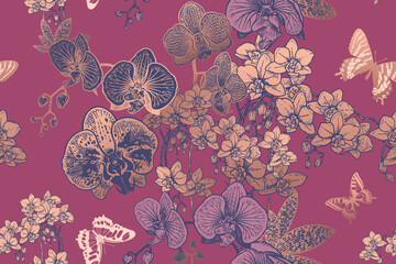Floral seamless background with tropical orchids and butterflies. Vector.