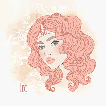 Zodiac Illustration of Leo astrological sign as a beautiful girl. Vector art. Vintage boho style fashion illustration in pastel shades.