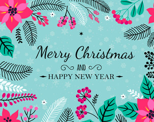 Merry Christmas and Happy New Year holiday greeting card. Sample card beautiful winter floral ornament. Greeting card with winter plants on a light blue background. Holiday backdrop. 