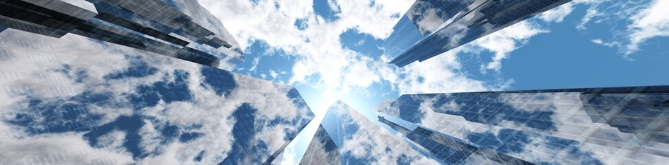 Skyscrapers, modern high-rise buildings on the background of the sky with clouds, bottom view, 3D rendering
