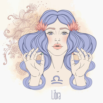 Zodiac Illustration of Libra zodiac sign as a beautiful girl. Vector art. Vintage boho zodiac style fashion illustration in pastel shades. Design for zodiac coloring book page for adults.