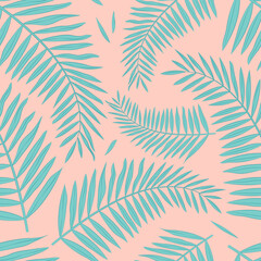 Fototapeta na wymiar Vector seamless pattern with tropical leaves of palm in bright colors on pink background. For wallpapers, decoration, invitation, fabric, textile and print, web page backdrop, gift and wrapping paper.