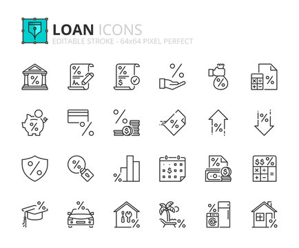 Simple set of outline icons about loan. Banking product