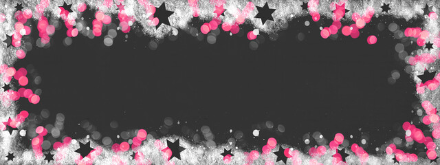 Christmas / winter background banner panorama template - Frame made of snow with snowflakes, stars and pink bokeh lights on black texture, top view with space for text