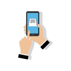 Hands with smartphone colored icon with shadow. opening email. Vector EPS10