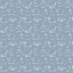 Vector seamless pattern. White linear cows or bulls, symbol of 2021 year. Wrapping paper or textile concept, isolated on light blue background