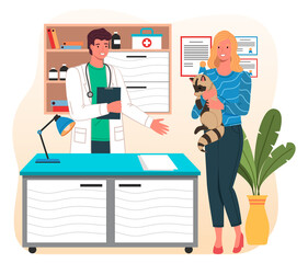 Girl with raccoon at reception at veterinarian. Doctor s office. First aid kit. Desk with lamp and diplomas on the wall. Indoor plant in pot. Vet gives advice on caring for raccoon to owner of animal