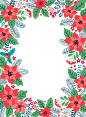 Christmas frame of winter flowers and plants on a dark blue background. Place for your text. Template for fashion design. Creative cards.