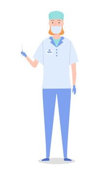 Woman surgeon with short hair is standing in medical white uniform. Mask, hat, gloves, scalpel in hand. Surgical nurse, badge. Medical worker, doctor, first aid. Flat vector image isolated on white