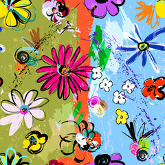 abstract background composition, with paint strokes, splashes and flowers, seamless