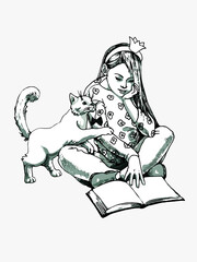 A girl's sitting on the floor and reading a book. A cat is playing near her.