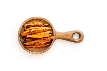 Roasted sweet potato - vegetable snack with herbs, view from above
