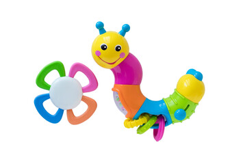 Plastic colorful toys for babies on a white background