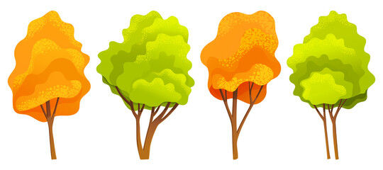 Autumn tree collection, different sizes and forms trees with green, orange, yellow leaves, autumn tree symbols, natural concept, landscape interface, forest or wood, organic plant in flat style